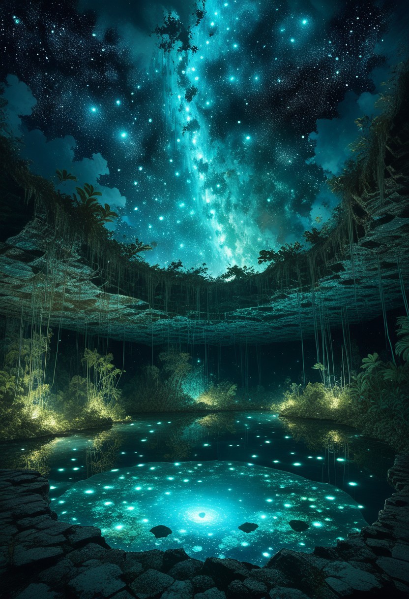(by Ellen Jewett:1.5), (Bioluminescent Impressionism, topdown view to a bioluminescent cenote, by night, water pond, yucatan jungle, breathtaking stary night, serpent god made of stars circling in the night, torches, ethereal landscapes, depth of field, biotech emotion:1.3) <lora:xl_more_art-full_v1:0.5> <lora:add-detail-xl:1> <lora:RMSDXL_Creative:2>