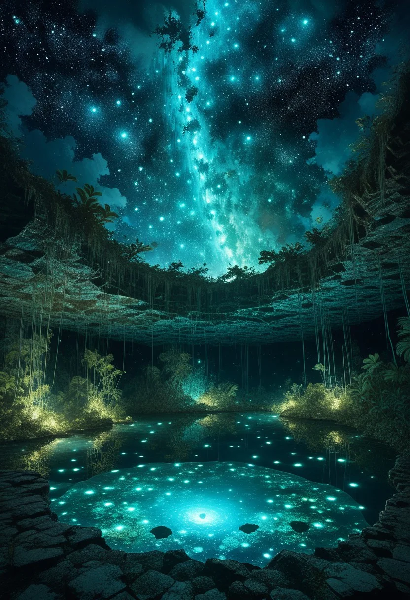 (by Ellen Jewett:1.5), (Bioluminescent Impressionism, topdown view to a bioluminescent cenote, by night, water pond, yucatan jungle, breathtaking stary night, serpent god made of stars circling in the night, torches, ethereal landscapes, depth of field, biotech emotion:1.3) <lora:xl_more_art-full_v1:0.5> <lora:add-detail-xl:1> <lora:RMSDXL_Creative:2>
