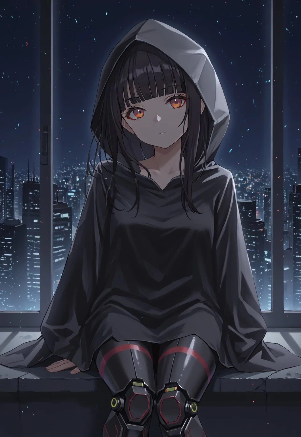 IsomerMob, hood, hood up, cloak, black hair, bangs, hooded cloak, red eyes, mechanical legs, long hair, black cloak, blunt bangs, long sleeves,
looking at viewer, head tilt,
window, cityscape, cyberpunk, city, dark, night, night sky,
1girl, solo, solo focus, highres, absurdres, light particles, backlighting, shade, lens flare, shiny skin, fine fabric emphasis,