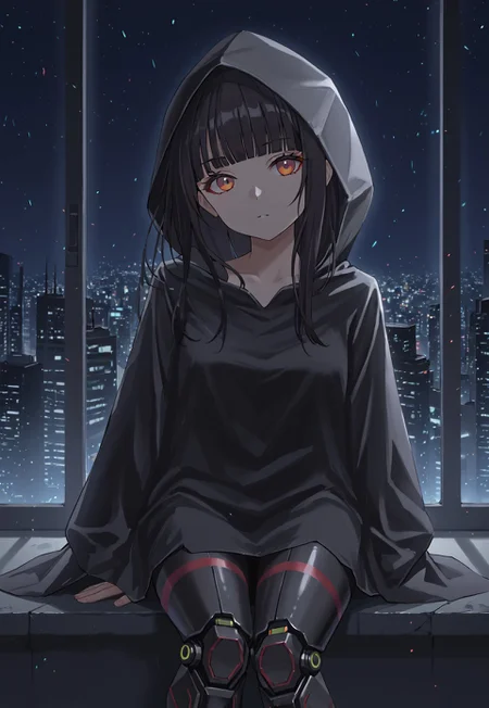 IsomerMob, hood, hood up, cloak, black hair, bangs, hooded cloak, red eyes, mechanical legs, long hair, black cloak, blunt bangs, long sleeves,

looking at viewer, head tilt,

window, cityscape, cyberpunk, city, dark, night, night sky, 

1girl, solo, solo focus, highres, absurdres, light particles, backlighting, shade, lens flare, shiny skin, fine fabric emphasis,