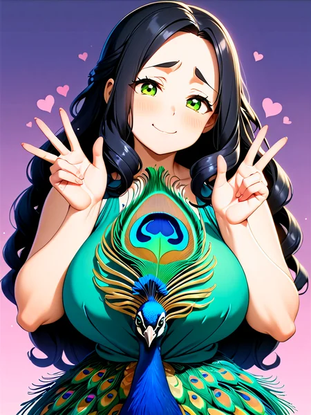 anime, best quality, (masterpiece:1.4), (high quality:1.4), sharp focus, 4k, absurd resolution, detailed hands, curly hair, long hair, (black hair:1.6), 1girl, mature female, (parted hair:1.7), (round face), <lora:ETO_OC_XL:0.7>, (thick eyebrows:0.9), (plump:0.8), round-chin, (greenish brown eyes), (brownish green eyes), caucasian, down-turned eyes, blush, 1girl, (forehead:0.75), shy, timid, smile, hearts, <lora:hinaMaybeBetterPoseXL_v2:0.8> <lora:peacock_feather_dress-XL-1.0:0.8> peacock feather dress, (w)