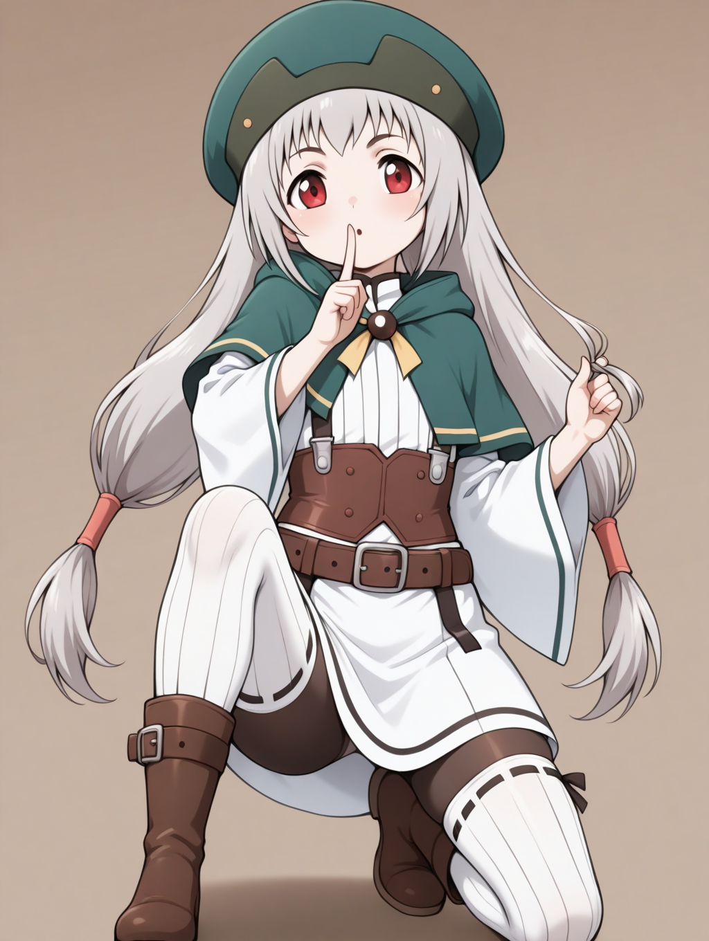 perfect quality,best quality,absolutely eye-catching,ambient occlusion,raytracing BREAK
1girl,<lora:rumina IL v1.2:0.8>,rumina,grey hair,low-tied long hair,twintails,green hat,red eyes,green capelet,white dress,wide sleeves,belt,pantyhose,(vertical stripes white thighhighs:1.2),boots,suspenders,brown corset,suspenders,ribbon-trimmed thighhighs,, straight-on,medium_shot,kneeling,hair_twirling,shushing,knee_up,