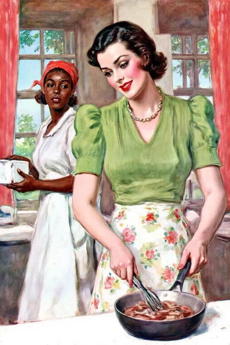 jamesmontgomeryflagg1 illustration.
Two women in a kitchen. On the right is a woman with dark wavy hair in the foreground wearing a green blouse with puffed sleeves and a floral-patterned apron, frying meat with a pan and holding a fork. In the background, on the left, is an African American maid wearing a white dress and a red headscarf, holding a box. The kitchen has large windows with curtains, offering a view of greenery outside. <lora:jamesmontgomeryflagg1_cap_d8a4e12:1.0><lora:859131788553880082:0>
