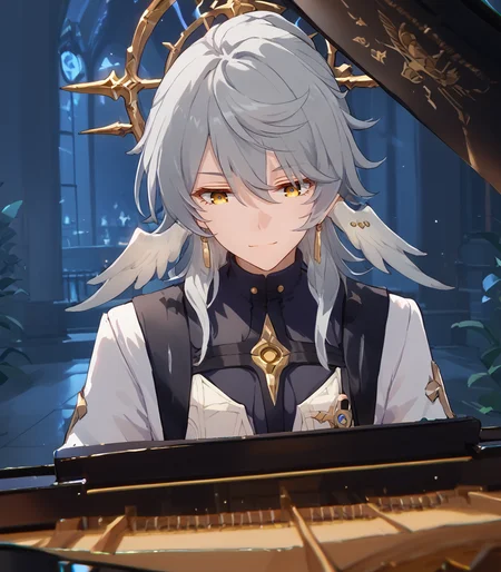 <lora:Sunday_Honkai_Star_Rail_HSR:0.7>,  score_9, score_8_up,Earrings, grey hair, bangs, Wings on ears, yellow eyes,  <lora:Playing_piano_front_view:1> , playing_piano_front_view, (piano:1.5), church, night, light smile,  large pectorals, from above, starry sky,   looking down, (light smile:0.5),  mature male,