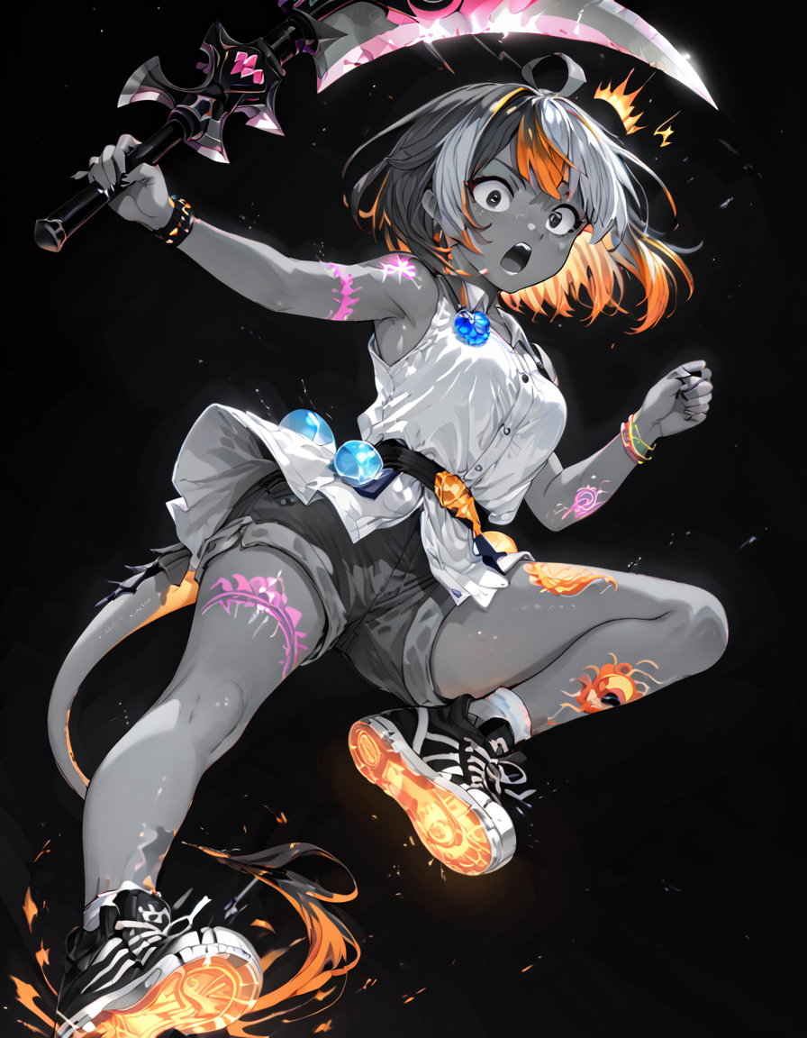 embedding:PonyScores7, 1 character, two-tone hair, darkorange hair, khaki hair,   black eyes, khaki glowing dragon tattoo, (luminous) <lora:Concept\g1owingtatt00:0.8>,  axe kick <lora:Poses\Various kicks - XL pony v1.0:0.5>,   surprised, (black background), glow, neon,monochrome <lora:Style\Monochrome_Neon_Glow_Style:0.9>