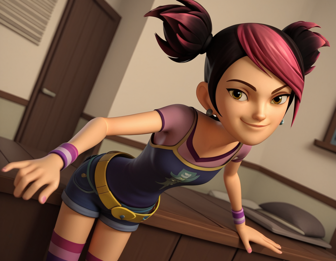 score_9, score_8_up, score_7_up, source_anime, <lora:miko-nakadai-cartoon-ponyxl-lora-nochekaiser:1>, miko nakadai, short hair, black hair, pink hair, multicolored hair, two-tone hair, twintails, streaked hair, 3d,, jewelry, earrings, wristband, camisole, shirt, short sleeves, striped, striped kneehighs, belt, shorts, denim,, indoors, bent over, smile, smug, looking at viewer, solo,, cowboy shot, dutch angle