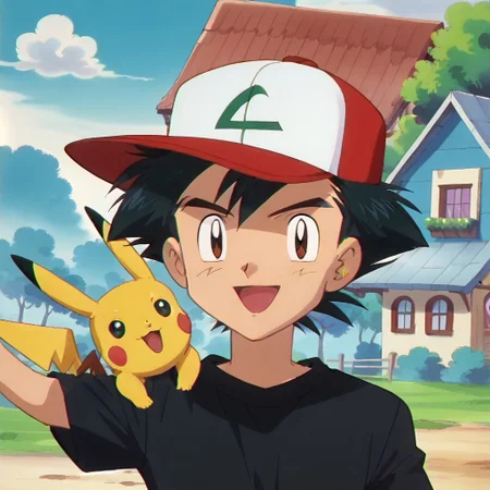 score_9, anime screencap, anime coloring, retro artstyle, official art style, Pokemon anime art style, source_anime, perfect face, perfect anatomy, bust shot, highly detailed, 1boy, five fingers only on human, ashpk, black eyes, black spiky hair, white short sleeves, black shirt, smile, open mouth, waving with one hand, medium blue jacket with gold trim buttons and white short sleeves, a white collar and sleeves over a dark teal T-shirt, blue jeans with light blue cuffs, green fingerless gloves with light green borders, red and white hat with a green stylized "L", looking at viewer, break, one pikachu on shoulder, red cheeks, yellow fur, long ears with black tips, brown eyes, smile, two brown stripes on back, lightning shaped tail, outdoor, Pallet Town, outside, house in background