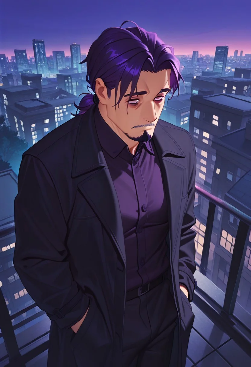 1boy, mbti_intp, mature man, purple eyes, droopy eyes, eye bags, tied hair, goatee, standing on a rooftop overlooking a vibrant city at dusk, wearing a stylish dark coat, hands in pockets, gazing thoughtfully at the cityscape, cool blue and purple hues, subtle streetlights, a sense of quiet confidence, aesthetically striking