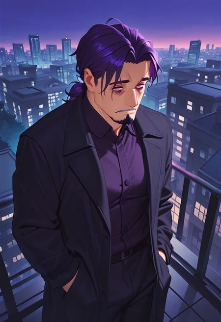 1boy, mbti_intp, mature man, purple eyes, droopy eyes, eye bags, tied hair, goatee, standing on a rooftop overlooking a vibrant city at dusk, wearing a stylish dark coat, hands in pockets, gazing thoughtfully at the cityscape, cool blue and purple hues, subtle streetlights, a sense of quiet confidence, aesthetically striking