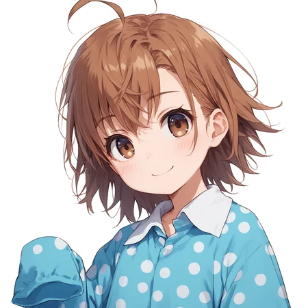 anime coloring, score_9, score_8_up, score_7_up, score_6_up, misaka20001 last-order, toaru, 1girl, solo, ahoge, brown hair, smile, white background, brown eyes, polka dot, sleeves past wrists, sleeves past fingers, simple background, short hair, blue dress, shirt, dress, looking at viewer, blush, upper body, bangs, polka dot dress, closed mouth