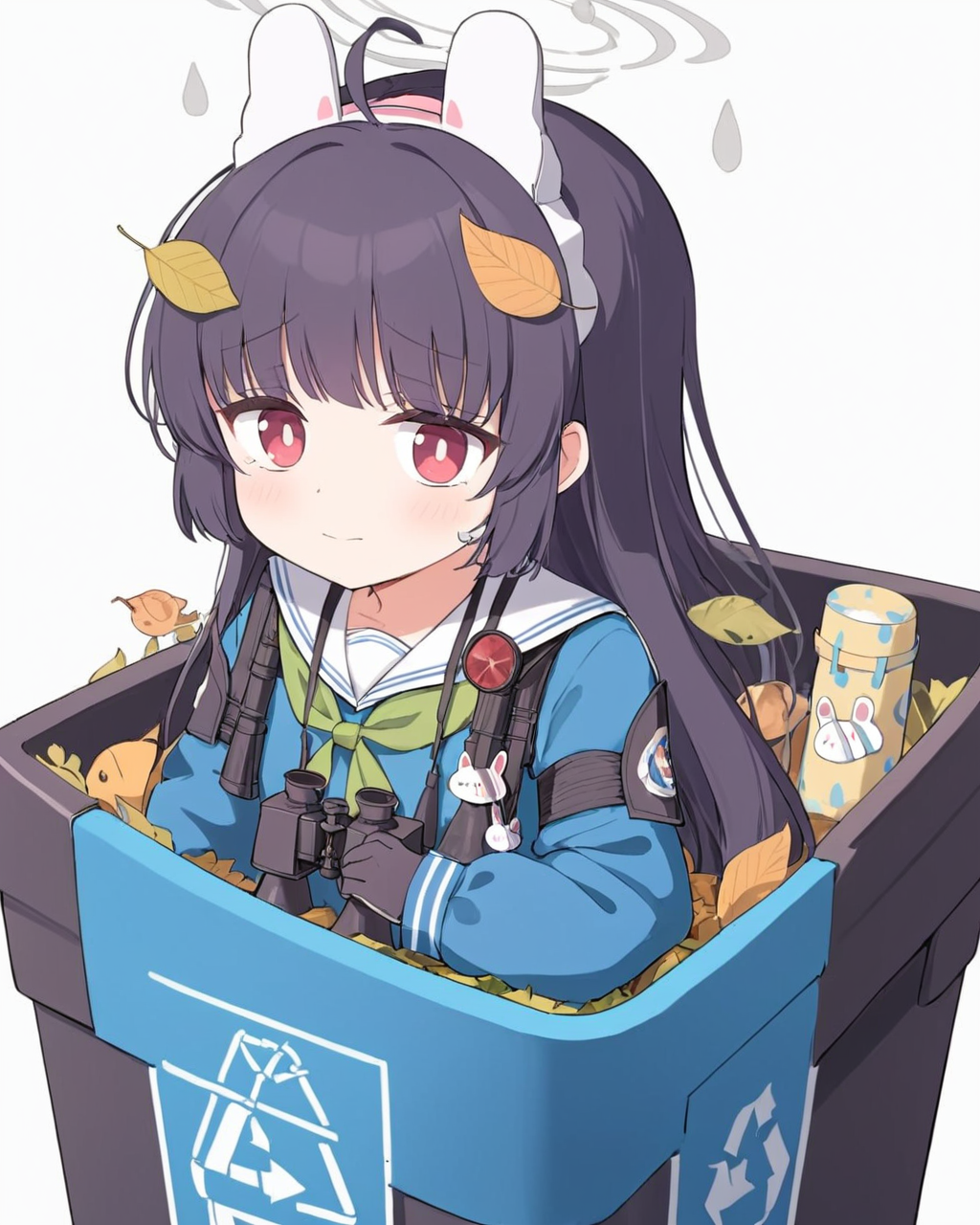 miyu \(blue archive\),1girl, leaf_on_head, solo, green_neckerchief, black_gloves, puffy_long_sleeves, halo, in_container, trash_can, blue_shirt, white_background, white_sailor_collar, serafuku, looking_away, crying_with_eyes_open, ahoge, chibi, upper_body, smile, headgear, binoculars, looking_to_the_side
<lora:miyu_(blue_archive)_image1301_2023-11-18_spv-000025:1>. gorgeous,key visual, vibrant, studio anime,award-winning, professional, highly detailed,high budget, cinemascope