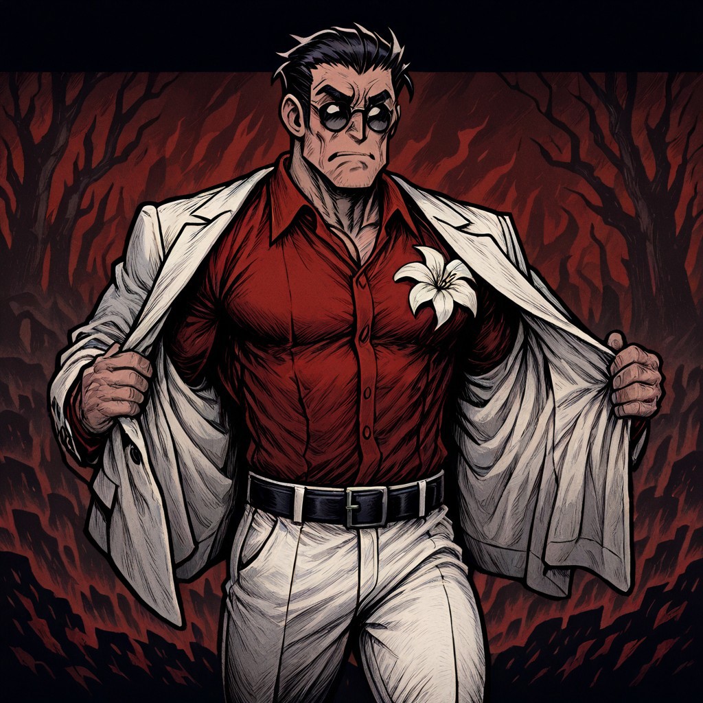 masterpiece, best quality, newest, absurdres, highres, NFCV1.0, 
1boy, helltaker (helltaker), black hair, short hair, muscular, muscular male,
sunglasses, glasses, 
white jacket, white pants, black belt, red shirt, formal clothes, flower in clothes, open jacket