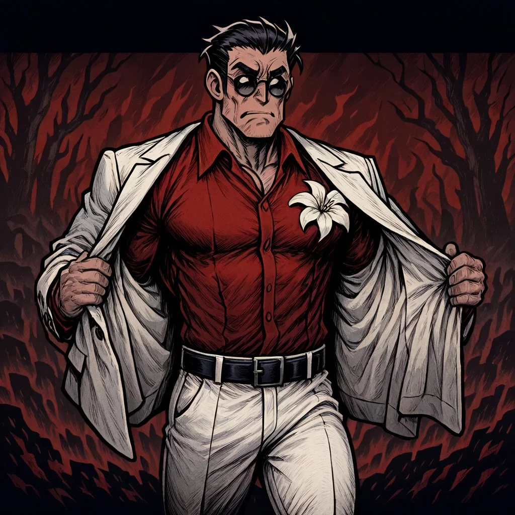 masterpiece, best quality, newest, absurdres, highres, NFCV1.0,
1boy, helltaker (helltaker), black hair, short hair, muscular, muscular male,
sunglasses, glasses,
white jacket, white pants, black belt, red shirt, formal clothes, flower in clothes, open jacket
