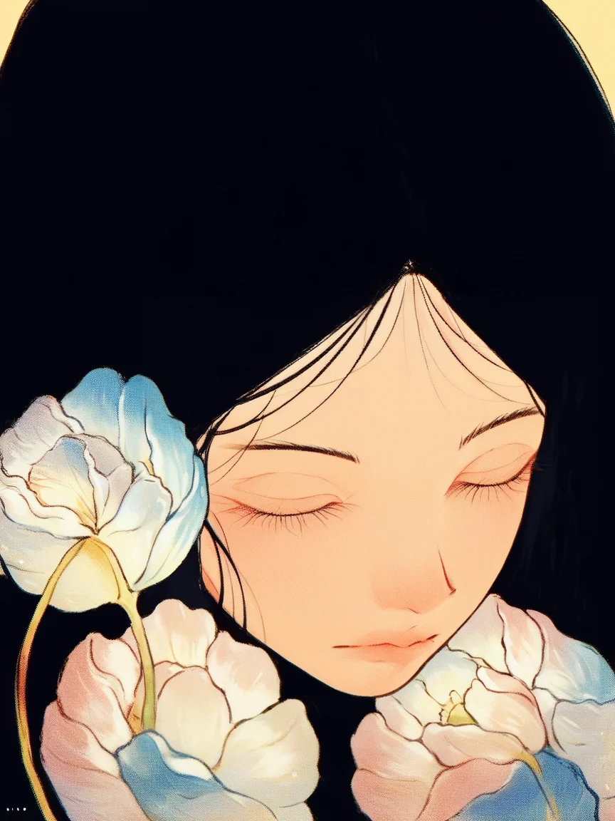 score_9, score_8_up, score_7_up, score_6_up, score_5_up, <lora:HaranikalaXLP:1> hara, 1girl, solo, closed eyes, black hair, portrait, black background, flower, close-up, simple background, eyelashes