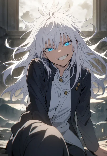 masterpiece, best quality, absurdres, cinematic, dynamic, solo,1girl, gojou satoru, jacket, gakuran, blue eyes, white hair, long hair, smirk, grin, sitting, looking at viewer,