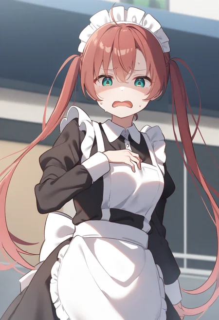 1girl,sincos, ningen mame, toosaka asagi,solo,medium breasts,20yo,maid,maid headdress,
donbiki,<lora:donbiki_XL_v1:0.7>
open mouth, sweatdrop, looking at viewer, shaded face, hand on own chest, turn pale, jitome, disgust, gloom (expression), d:, frown, empty eyes, no pupils,
from below, wide shot, red hair, green eyes, parking lot, quad tails hair,,
best quality, very aesthetic, absurdres
