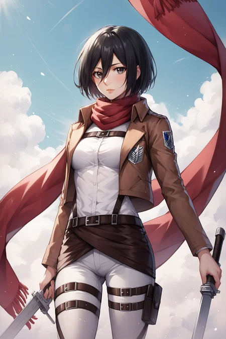 score_9, score_8_up, score_7_up, score_6_up, score_5_up, score_4_up, BREAK source_anime, <lora:mikasa ackerman-PonyXL:0.8> mikasa ackerman, black eyes, black hair, short hair, white shirt, thigh strap, open cropped brown jacket, red scarf, white pants, survey corps \(emblem\), boots, standing,