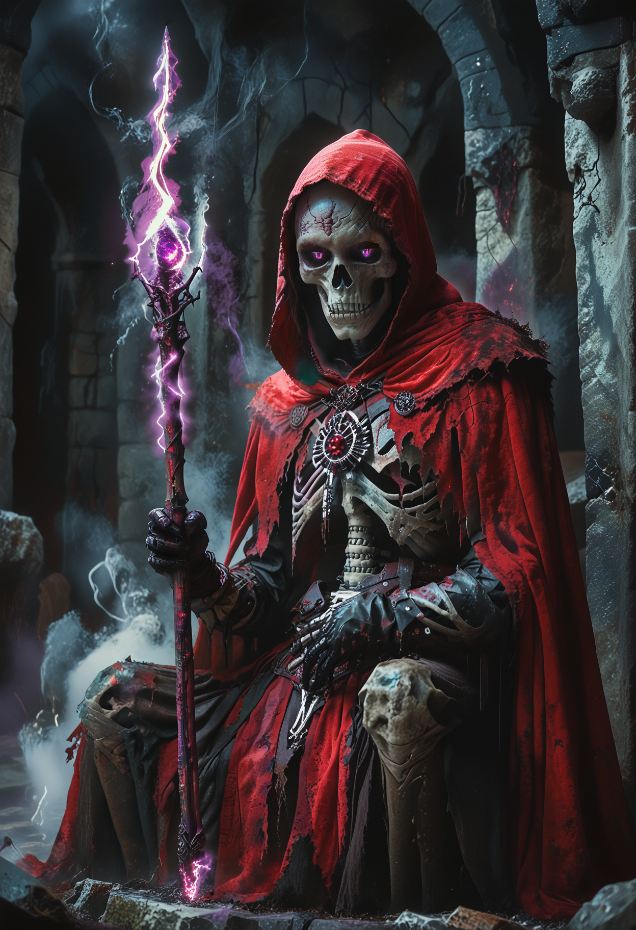 score_9, score_8_up, score_7_up, ArsMovieStill, 80s Fantasy Movie Still, BREAK, highly detailed, skeleton, (white bones), glowing eyes, ((violet eyes, black sclera)), giant, ripped red cape, red hood, gloves, glowing magic staff, dungeon, crumbling stone throne, menacing, smoke:1.5, ((from front and below)), <lora:80s_Fantasy_Movie:1> <lora:skeleton:1>