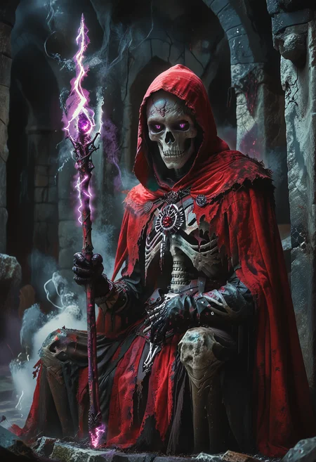score_9, score_8_up, score_7_up, ArsMovieStill, 80s Fantasy Movie Still, BREAK, highly detailed, skeleton, (white bones), glowing eyes, ((violet eyes, black sclera)), giant, ripped red cape, red hood, gloves, glowing magic staff, dungeon, crumbling stone throne, menacing, smoke:1.5, ((from front and below)), <lora:80s_Fantasy_Movie:1> <lora:skeleton:1>