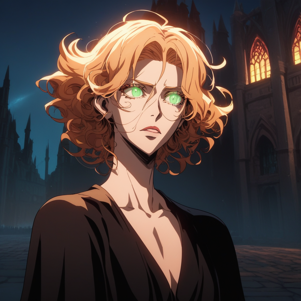 score_9, score_8_up, score_7_up, score_6_up, score_5_up, score_4_up, castlevania_(netflix), castlevania style, castl3van1a5tyl3, , (perfect face, perfect eyes), BREAK, 1woman, long blonde hair, sidelocks, bang, updo, messy hair, curly hair, eyelashes, red eyes, bleach style, green eyes, glowing eyes, slit_pupils, revealing clothes, dress, evening_dress, evening_gown, castlevania style, light shining, rays of light, night, Outside at night, a walled village in the distance, towers, stone,AddXL, sm_an_stl ,source_anime, anime screencap, anime, animification