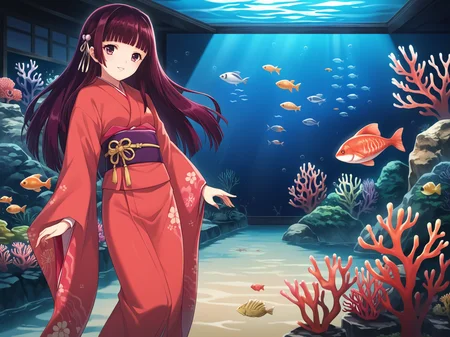 <lora:Alicesoft_-_Oyako_Rankan_-_Kotone_Ririko_Saya_Yukino:1>,alicesoft,ririko,1girl,solo,small breasts,japanese clothes,kimono,red kimono,long hair,sash,obi,tabi,hair ornament,sandals,long sleeves,claret hair,bangs,violet eyes,parted lips,smile,indoors,aquarium,tank,fish,fish tank,coral,coral reef,hand on glass,standing,, score_9, score_8_up, score_7_up,source_anime,(masterpiece),(best quality),(ultra-detailed),(best illustration),(best shadow),(absurdres),(detailed background),(very aesthetic),source_anime