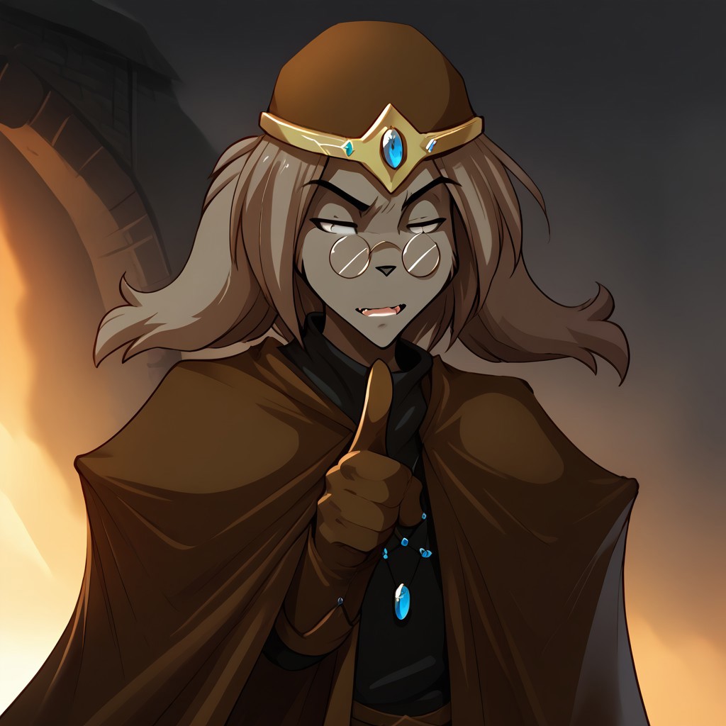 score_9, score_8_up, score_7_up, source_anime, male, solo, lynn-twokinds, grey eyes, medium hair, feline hair, brown headwear, basitin armor, cape, gloves, jewelrly, glasses ,index finger raised, upper teeth, portrait
