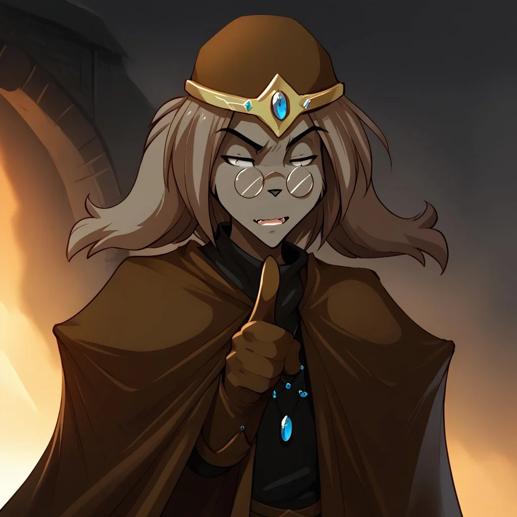 score_9, score_8_up, score_7_up, source_anime, male, solo, lynn-twokinds, grey eyes, medium hair, feline hair, brown headwear, basitin armor, cape, gloves, jewelrly, glasses ,index finger raised, upper teeth, portrait