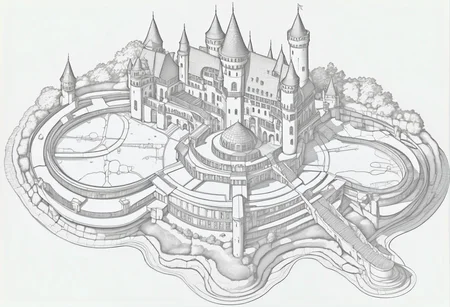 floorplan of a fantasy castle palace on the rhine river, asymmetrical, high resolution<lora:floorplans-prod-e-000012:1>