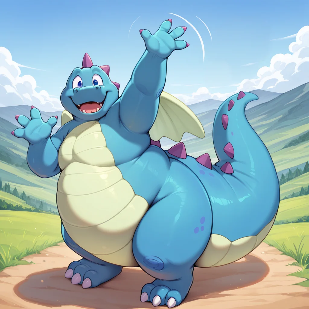 masterpiece, best quality, newest, absurdres, highres, safe, <lora:Ord_Dragon_Tales_-_IL:1> ord, dragon, blue skin, light green wings, light green belly, chubby, fat, purple spikes, flying, cute pose, waving, looking at viewer (((shaded))), ((detailed)), ((vibrant)), detailed background,<lora:NOOB_EPSv1_1_detailer_by_vlnvk_v1_0:1>