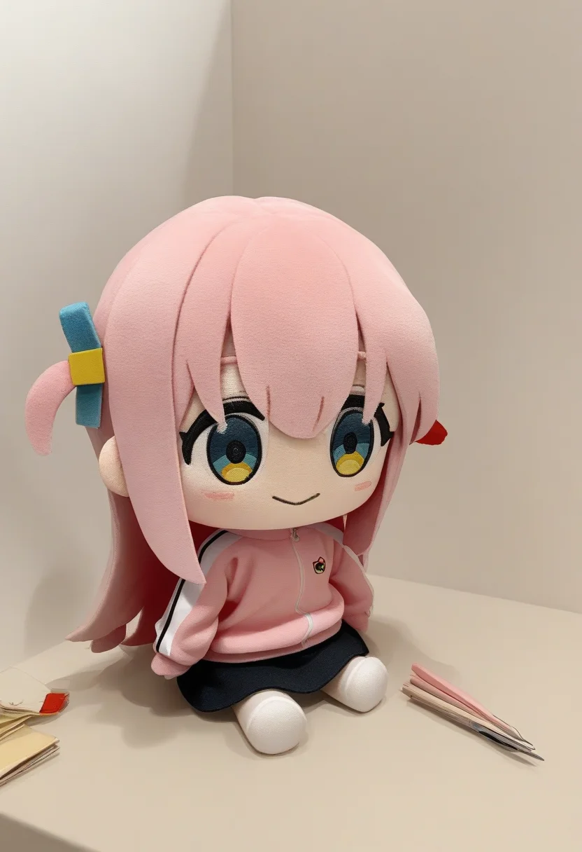 1girl, gotoh hitori,bocchi the rock!,solo,track jacket, pink jacket,  long hair, pink hair, aqua eyes,black skirt,  
character doll, chibi, sitting, full body, smile,<lora:characterdoll_XL_v1:0.9>
best quality, very aesthetic, absurdres