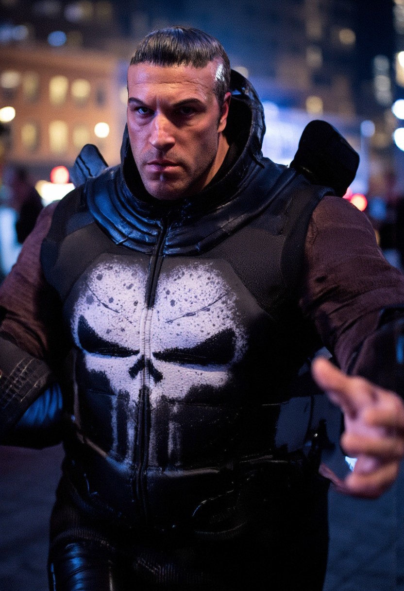 high angle camera view from above and at a distance, realism, perfection style, bosstyle, skin texture style, Photo Quality Frank Castle Male Face with a stubbled Black beard, Caucasion Skin, Chort Black Military style haircut, detailed, facial expression style, High details face, High detailed Eyes, Full Body view, The Punisher Battle Worn White dirty Skull Motif painted on the chest of his Man in Gothic armour, futuristic, Jet Black with Black Trim Exosuit, Heavy Mech, Dynamic Aggressive Combat Pose, Exosuit, Extremely Low V cut top, Power Armor, futuristic, Tactical Futuristic Samurai Sword, Perfect hand, Fighting a Dragon, Heavy Mech, Armor Color Jet Black with Black Trim and a dirty white Skull Motif painted on the chest, Robot, Full body, Ready to strike, futuristic, (off-center composition, left aligned, Portrait),  Detailed hand, battle-worn, Gothic Neon Cyberpunk Night City Cityscape Background, cinematic film still glamorous photo dark art by Rafael Zabaleta, expressionism art by Asger Jorn, vibrant, Abstract expressionism, experimental painting techniques, bold bright colors, dynamic compositions, Expressionism, emotive brushwork, brilliant tones, dramatic lighting, introspective themes. high fashion, luxurious, extravagant, stylish, sensual, opulent, elegance, stunning beauty, professional, high contrast, detailed. shallow depth of field, vignette, highly detailed, high budget, bokeh, cinemascope, moody, epic, gorgeous, film grain, grainy