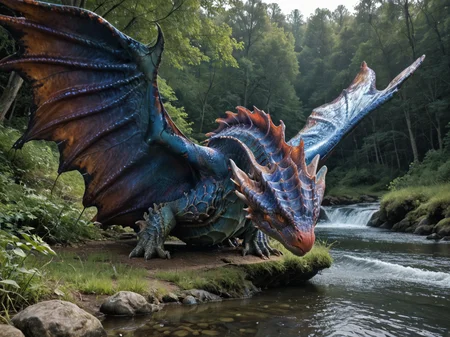 <lora:MH_Namielle_a1_5_PonyXL:0.9>,score_9,score_8_up,score_7_up, nature photography, action, cropped photo,
sunlight, bloom, subsurface scattering, sharp hyper detailed, dramatic lighting, , (shiny metallic skin:1.2), (ultra-detailed small micro scales), bright highlights,
namielle,feral,by zackary911,by syuro,by hanuvo, whiskers ,closed folded wings, massive size, (wide head:1.2), water dripping off  wings, wet body, wet spray ,solo,hi res,detailed background, river, stream, lake,   <lora:RM_Enhancer_v1.0_bf16:.1>  <lora:p:.2> <lora:Add_More_details_SD3:.5> ,