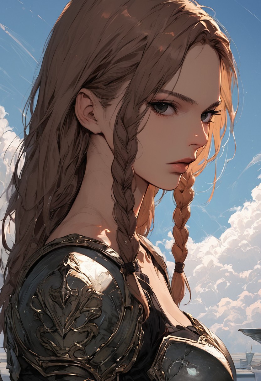 score_9, score_8, score_7_up, high detailed, high quality, masterpiece, no text, quality highlights, detailed background, ultra-detailed,
...
1woman, expressiveh, (solo), (long hair), (brown hair), (black eyes), (braids), (perfect body), (medium breasts), collarbone, sexy body, (bare neck), closed mouth,
...
(plate armor), standing, side view, (looking at viewer), (upper body),
...
day, sky, blue sky, clouds, sunllight,