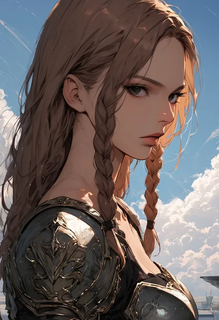 score_9, score_8, score_7_up, high detailed, high quality, masterpiece, no text, quality highlights, detailed background, ultra-detailed,
...
1woman, expressiveh, (solo), (long hair), (brown hair), (black eyes), (braids), (perfect body), (medium breasts), collarbone, sexy body, (bare neck), closed mouth,
...
(plate armor), standing, side view, (looking at viewer), (upper body),
...
day, sky, blue sky, clouds, sunllight,