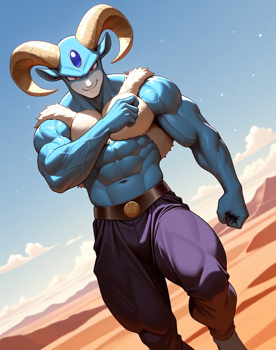 <lora:Moro_4th_Form_(Dragonball_Z)_(Illustrious)_(AD):1.3> Moro, muscular, goat,
dutch angle, exterior, desert, sky with detailed clouds,
male focus, gradient coloring, solo, cowboy shot, bent leg, perfect proportions, veiny muscles, blue body, large shoulders, large biceps, large thighs, abs, soft shading, evil smirk,
BREAK very awe, aesthetically pleasing, masterpiece, best quality, amazing quality, very aesthetic, perfect depth of field shot, in'ei, furry_art, source_furry, source_anime,
EZRealPONYXL, zPDXL, Smooth Quality, lazympos, IllustQualXL_Pos,
