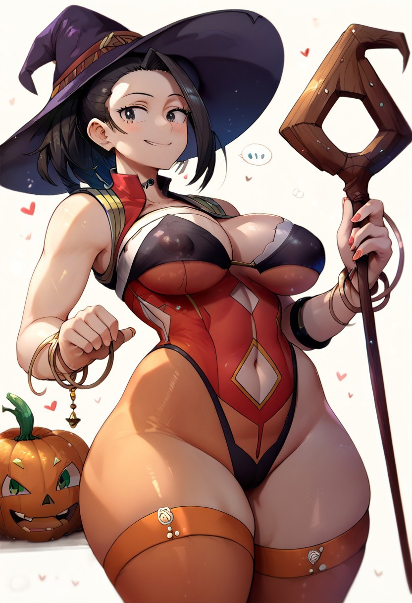 score_9, score_8_up, score_7_up, score_6_up, adult, 18_y/o, cute, momo_yaoyorozu (my_hero_academia), rated_explicit, huge_breasts, wide_hips, plump, thicc, thick_thighs, lingerie, witch_costume, halloween, sexy, smirk, lewd_face, witch_hat, witch_staff, leggings, sleeve,