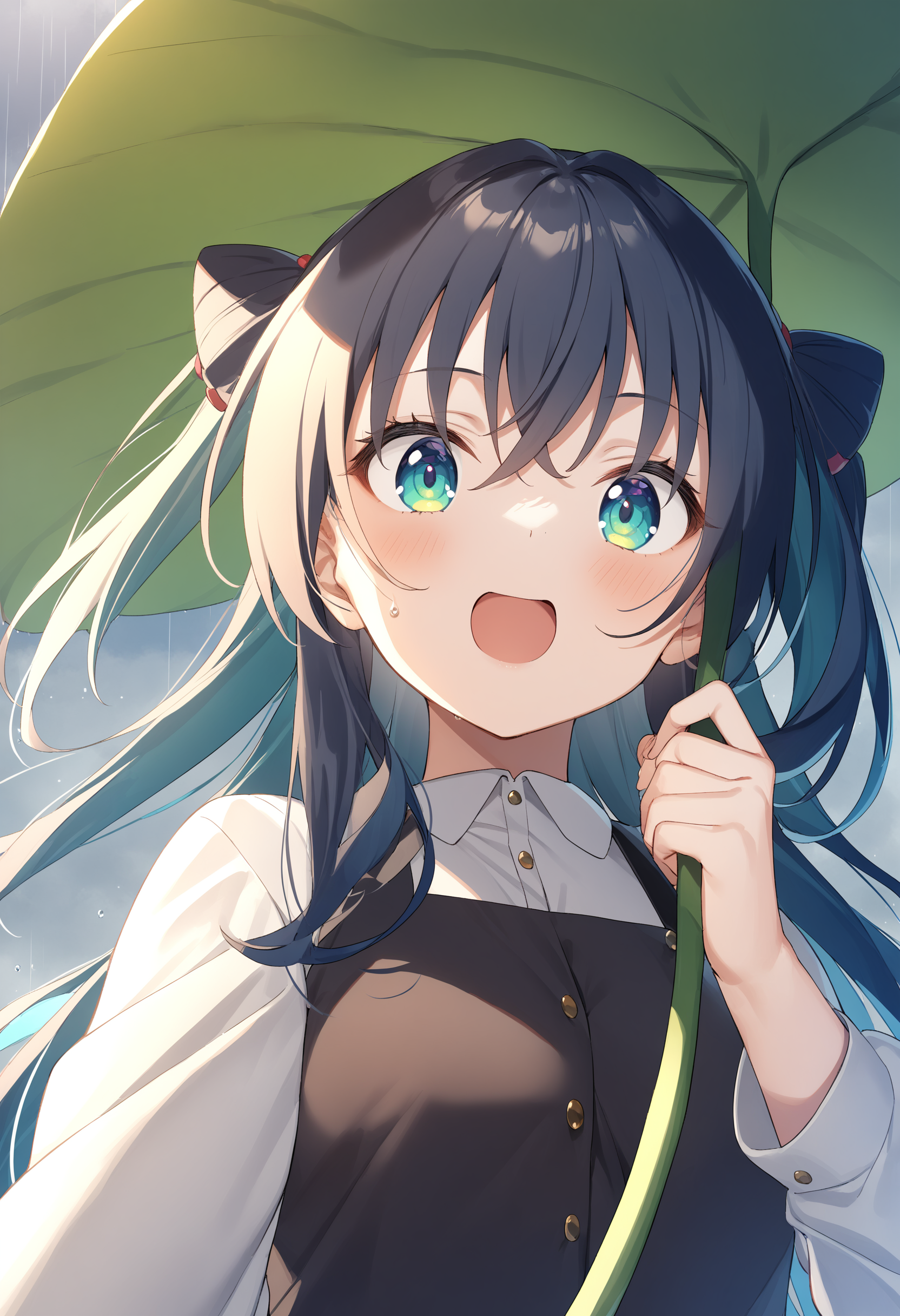 1girl,sincos, ningen mame, toosaka asagi,solo,medium breasts,
leaf umbrella, holding leaf, water drop, rain, outdoors, <lora:leafumbrella_XL_v1:0.8>
from below, upper body, looking at viewer, blue hair, green eyes,confused, harbor, open mouth, curly hair,,
best quality, very aesthetic, absurdres
