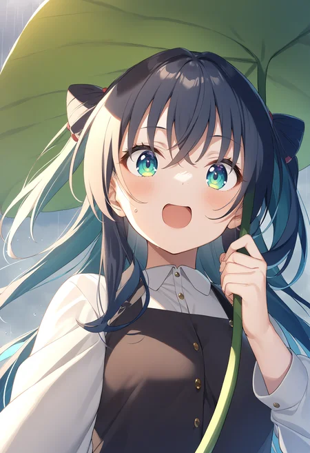 1girl,sincos, ningen mame, toosaka asagi,solo,medium breasts,
leaf umbrella, holding leaf, water drop, rain, outdoors, <lora:leafumbrella_XL_v1:0.8>
from below, upper body, looking at viewer, blue hair, green eyes,confused, harbor, open mouth, curly hair,,
best quality, very aesthetic, absurdres