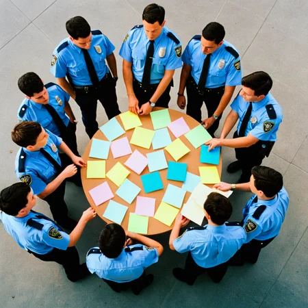 <lora:add-detail-xl:1>
<lora:detailed:0.3>
<lora:perfection style:0.3>
<lora:xl_more_art-full_v1:0.3>
<lora:Donnie Darko film style:1>
From above, a group of people standing around a circle with post it notes,shirt,hat,male focus,multiple boys,necktie,pants,uniform,blue shirt,walking,paper,police,police uniform , cinematic, film, Donnie Darko film style