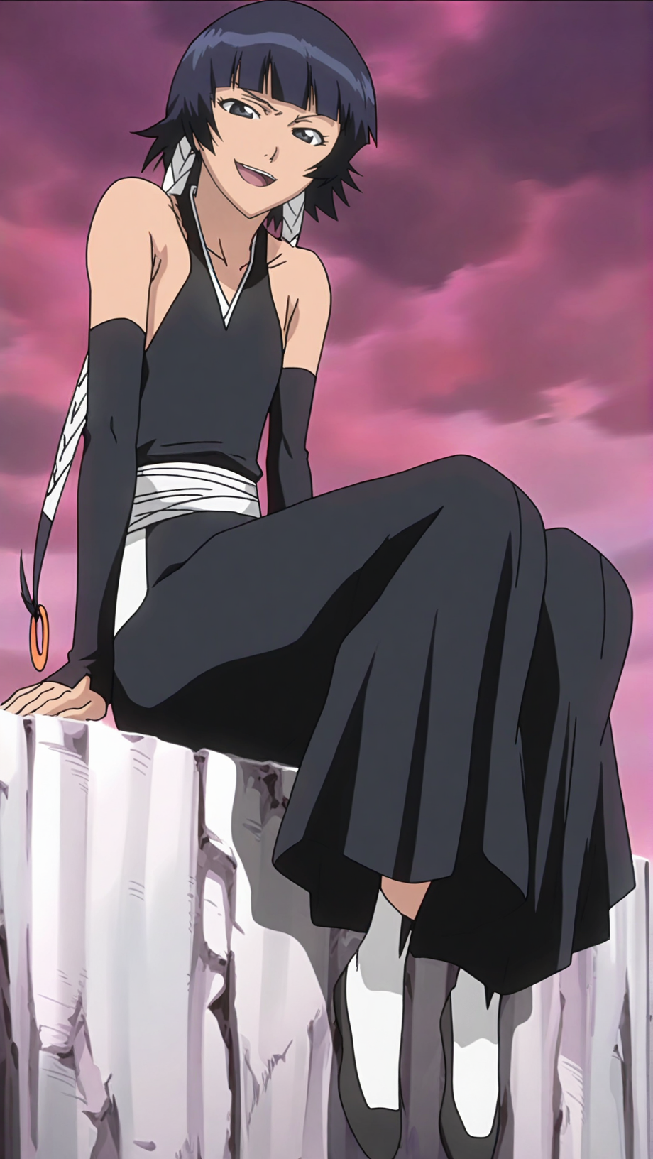 source_anime, masterpiece, best quality, amazing quality, anime screencap, high quality, 8k, absurdres, official style, 1girl, simple background, hands on ledge, sitting on ledge, looking at viewer, open mouth smile, full body, <lora:Soifon_iL:1>, s01 f0n, black eyes, black hair, short hair, short hair with long locks, blunt bangs, bankai outfit, kimono, black kimono, hakama, black hakama, gloves, elbow gloves, bare shoulders, detatched sleeves, japanese clothes, backless outfit, weapon,