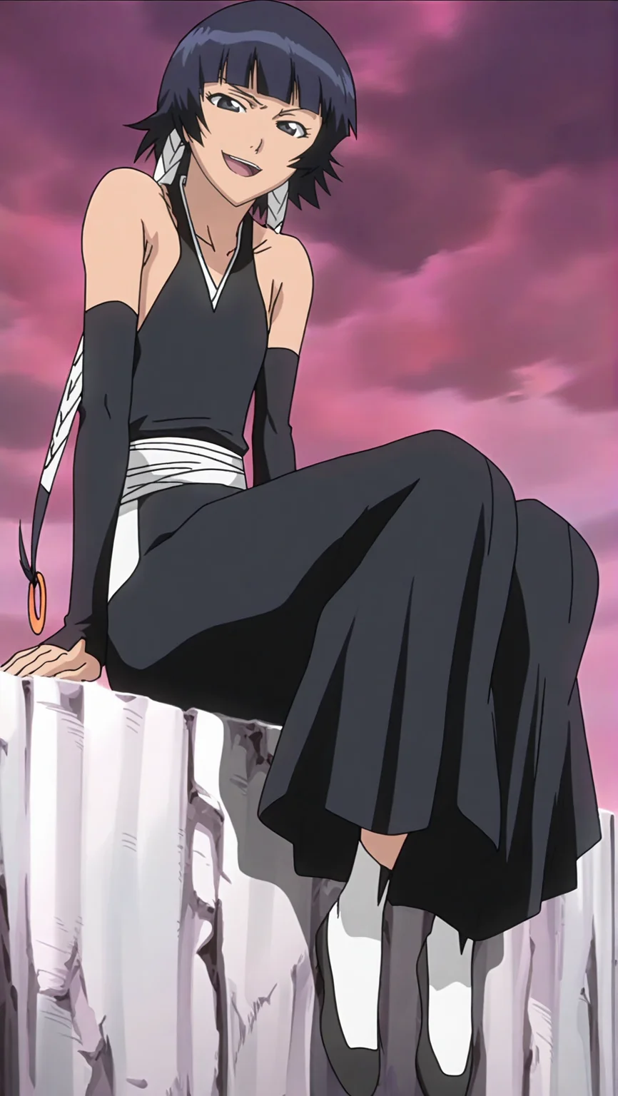 source_anime, masterpiece, best quality, amazing quality, anime screencap, high quality, 8k, absurdres, official style, 1girl, simple background, hands on ledge, sitting on ledge, looking at viewer, open mouth smile, full body, <lora:Soifon_iL:1>, s01 f0n, black eyes, black hair, short hair, short hair with long locks, blunt bangs, bankai outfit, kimono, black kimono, hakama, black hakama, gloves, elbow gloves, bare shoulders, detatched sleeves, japanese clothes, backless outfit, weapon,
