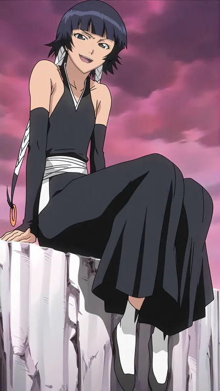 source_anime, masterpiece, best quality, amazing quality, anime screencap, high quality, 8k, absurdres, official style, 1girl, simple background, hands on ledge, sitting on ledge, looking at viewer, open mouth smile, full body, <lora:Soifon_iL:1>, s01 f0n, black eyes, black hair, short hair, short hair with long locks, blunt bangs, bankai outfit, kimono, black kimono, hakama, black hakama, gloves, elbow gloves, bare shoulders, detatched sleeves, japanese clothes, backless outfit, weapon,