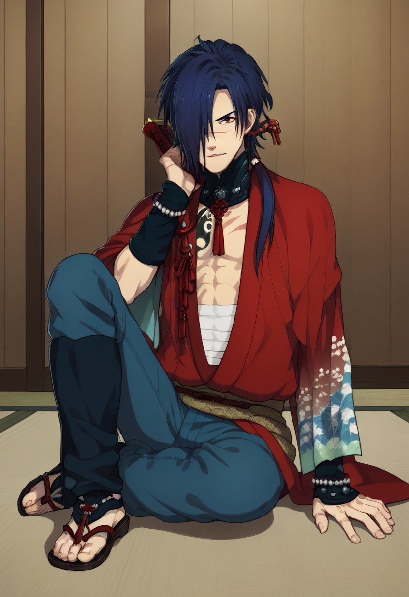 score_9, score_8_up, score_7_up, source_anime, highly detailed, 

koujaku, 1boy, male focus, solo, blue hair, ponytail, long hair, hair over one eye, red eyes, scar, scar on face, japanese clothes, kimono, red kimono, sarashi, midriff sarashi, pants, black pants, sandals, gloves, fingerless gloves, jewelry, beads, bracelet, choker,

sit, floor, tatami,