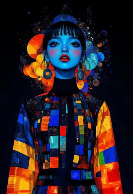A strikingly minimalist female model, her face adorned with bold geometric makeup in vibrant blues and oranges, inspired by the Art Deco era. Her sleek, futuristic couture outfit blends the elegance of 1920s high fashion with a modern cyberpunk twist.
break
Dark, elegant background with soft glowing highlights, clean and minimal backdrop with subtle galaxy-like cracks, multi colored smoke swirling gently, abstract geometric forms softly floating around the model, rich deep tones that blend into a seamless, stylish background, minimal yet bold use of color to create depth, cinematic ambiance with a focus on the model, a sense of mystery and allure in the background without overpowering the main subject.
<lora:Midjourney_Whisper_Minimal:1>, midjourney_whisper_avant_couture, <lora:midjourney_whisper_avant_couture_v01:0.8>, <lora:midjourney_whisper_chromaplex_v1:0.3>, <lora:Midjourney_Whisper_AgateX_v1_epoch_20:0.4>,<lora:Luminous_Shadowscape:0.3>, <lora:RetroAnimeFluxV1:0.4>,
