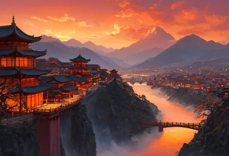 architecture, bridge, building, castle, city, city lights, cityscape, cloud, cloudy sky, dusk, east asian architecture, evening, fantasy, gate, gradient sky, horizon, house,mountain, mountainous horizon, no humans, orange sky, outdoors, pagoda, red sky, river, rooftop, scenery, sky, skyline, skyscraper, smoke, tower, twilight, waterfall, yellow sky,