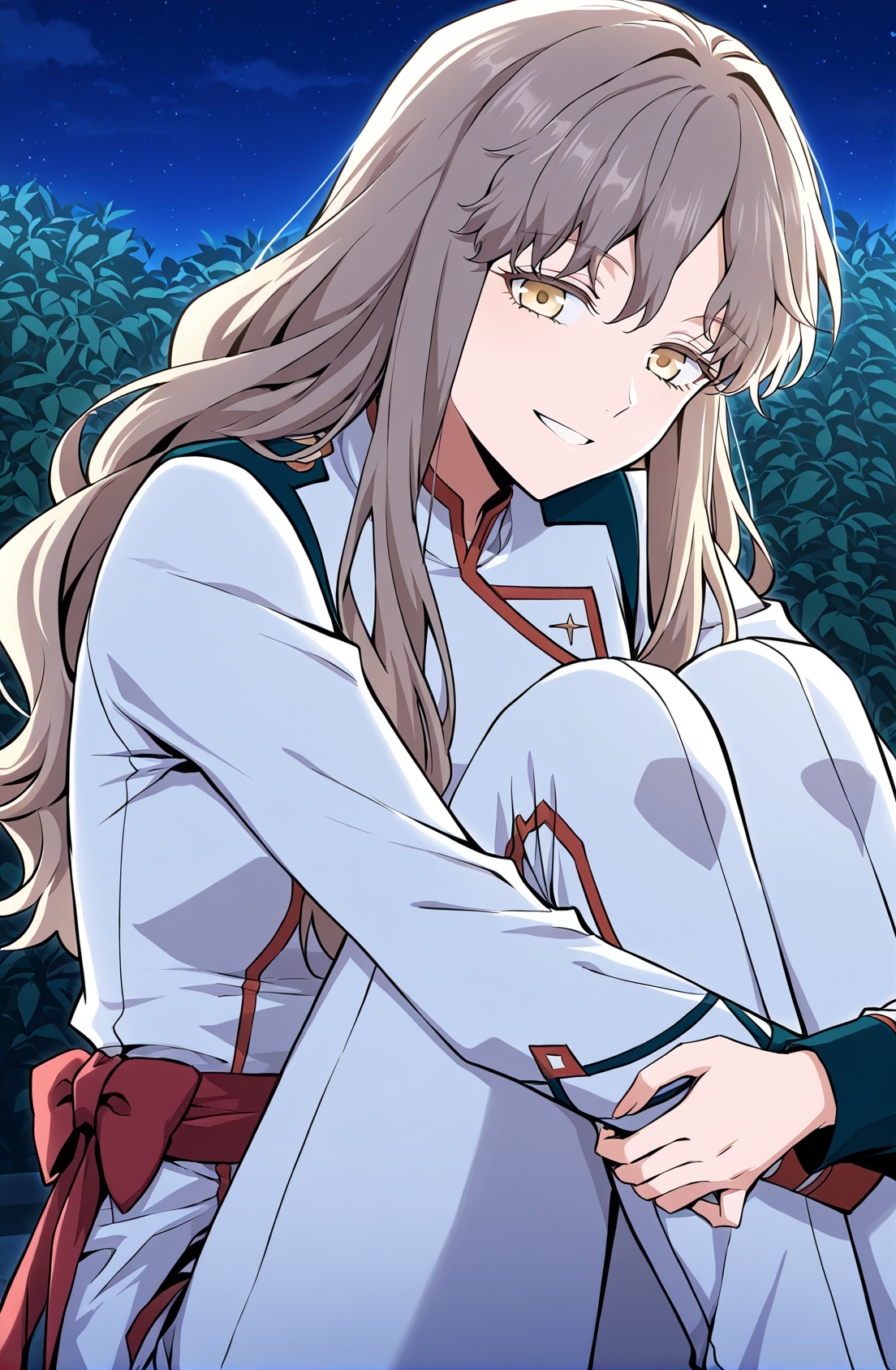 <lora:Cecilia__The_Beginning_After_the_End__Illustrious:1>
Cecilia, female, long hair, wavy hair, light brown hair, golden eyes, side bangs, 
white uniform, red waist sash, fitted top, pants outfit
score_9, score_8_up, score_7_up, very aesthetic, source_anime, detailed, high quality, beautiful, detailed eyes, masterpiece, best quality, absurdres, perfect anatomy, 1girl, solo, hugging your own legs, sitting, garden background, charming smile, night