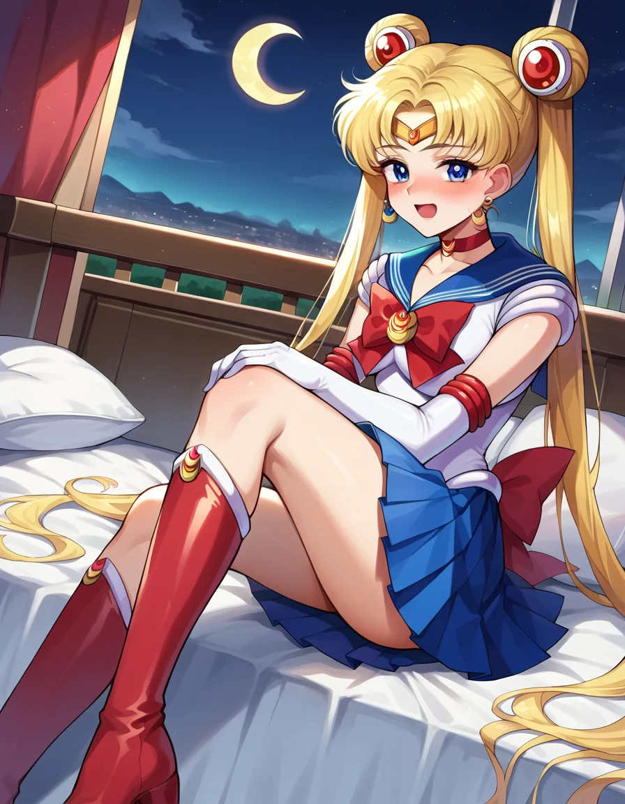 score_9, score_8_up, score_7_up, source_anime,
sailormoon, <lora:sailor-moon-ponyxl-lora-nochekaiser:1>
sailor moon, blonde hair, blue eyes, double bun, hair bun, hair ornament, long hair, twintails, circlet, parted bangs,
back bow, blue sailor collar, blue skirt, boots, bow, brooch, choker, crescent moon, elbow gloves, gloves, jewelry, knee boots, magical girl, pleated skirt, red bow, red choker, ribbon, sailor collar, sailor senshi uniform, skirt, white gloves,
indoors, bed, bed room, on side, blush, drunk,
looking at viewer, cowboy shot, dutch angle,