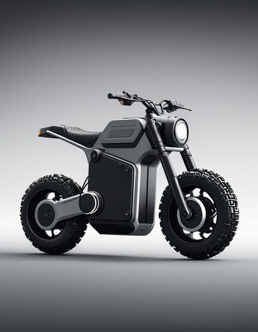 futuristic minimalist electric motorcycle in sleek gray and black color scheme, off-road tire design, compact build with visible battery packs, streamlined aesthetic, industrial background, high-tech components, monochromatic tones, 2020s industrial design, photorealistic 3d rendering in neutral light, inspired by modern automation and eco-friendly transportation designs, best quality,