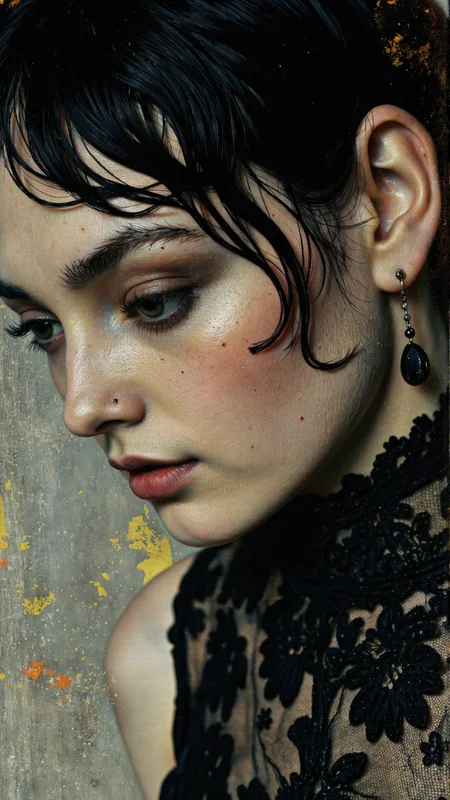 By Bruno Dayan. A close-up portrait of a woman with pale skin and dark, wet black hair, wearing a black lace top and earrings. the woman is positioned in the middle of the image, facing slightly to the right, with her eyes closed and her lips slightly parted, revealing a hint of red lipstick. her eyelashes are long and full, and she has a subtle mole on her cheek. the background is a textured, muted gray with hints of yellow and orange, giving the image a moody, gothic feel. the lighting is soft and diffused, highlighting the woman's features and the texture of her hair. the overall effect is one of elegance and sophistication.