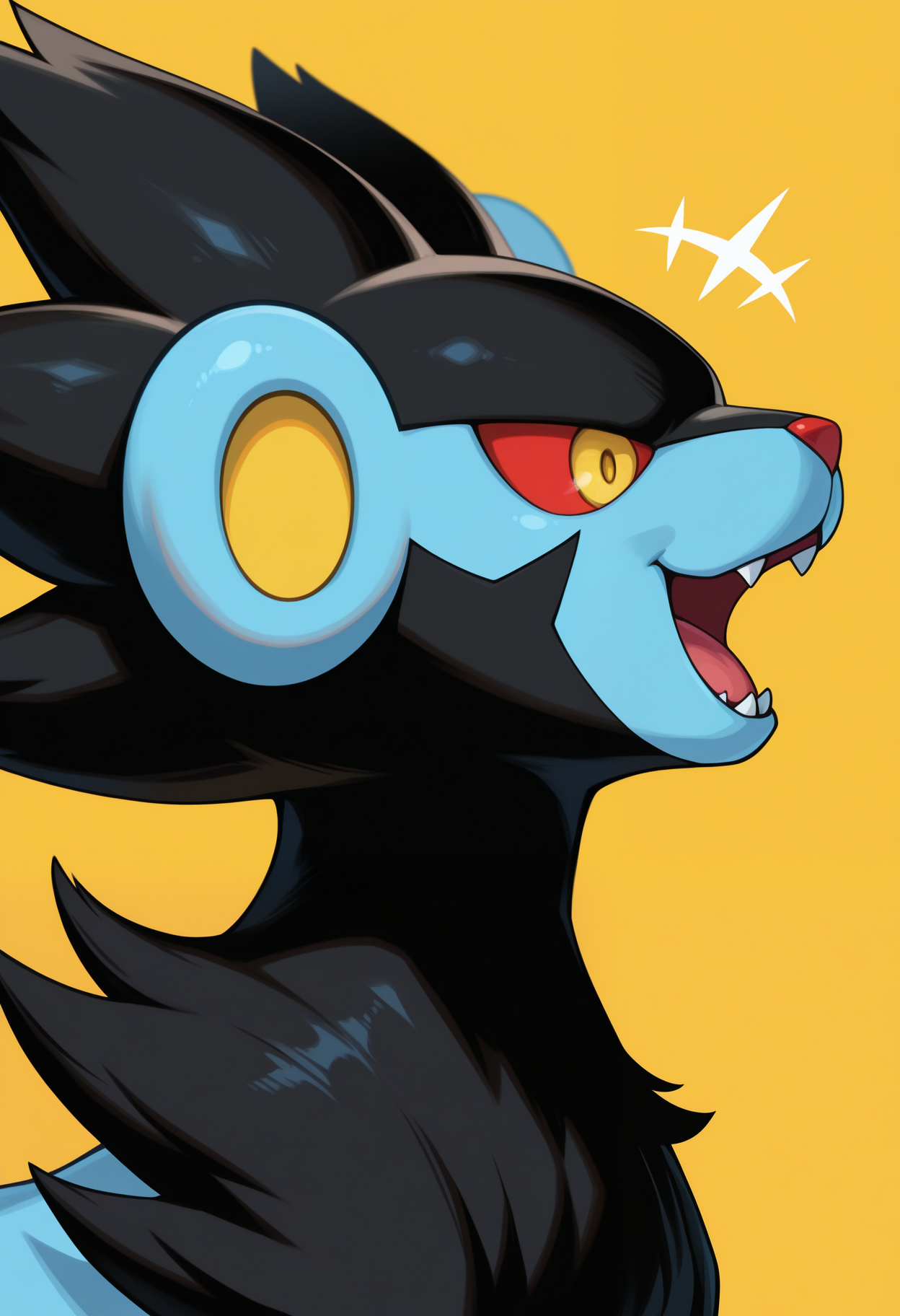 masterpiece,best quality,amazing quality, 1boy, solo, luxr4y, pokemon (creature), close up, side angle, smile, open mouth,